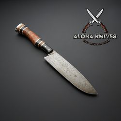 handmade damascus steel chef knife with horn,wood handle