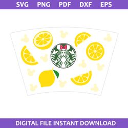 Lemon Mickey Starbucks Coffee Wrap Svg, Lemon Coffee Svg, Starbucks Cup 24 Oz Svg, Png Pdf Dxf Eps File