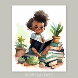 Cute black girl poster, black baby girl resding book, nursery decor, printable qrt, watercolor art for girls room