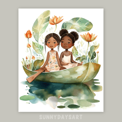 Cute black girl poster, two cute black sisters in boat, nursery decor, printable art, watercolor art for girls room