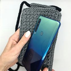 Gray mobile phone pouch, Cute crochet crossbody bag, Macrame textured handbag, Shoulder smartphone mini bag