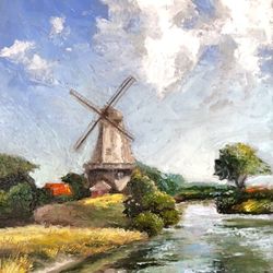 Mill landscape Holland original oil painting hand painted modern impasto painting wall art 6x9 inches