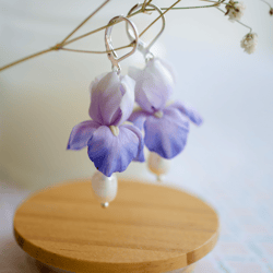 Handcrafted earrings with iris flowers, Floral women earrings, Spring accessories, Handmade jewelry