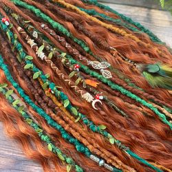 Bohemian set of textured DE dreadlocks and DE braids with curls green ginger colors Ready to ship 21-22 inches
