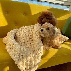 Dog puffy blanket, hand knit fluffy pet plaid, soft throw for dogs and cats, pet gift cape, puppy bedspread, blanket