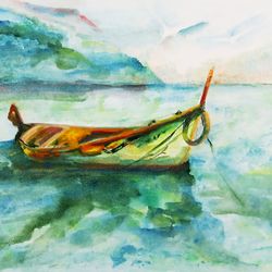 Green Canoe Watercolor Painting - digital file that you will download