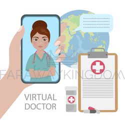 online doctor coronavirus medicine consultation vector set