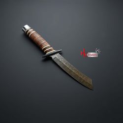 HAND FORGER KNIFE CUSTOM HANDMADE DAMASCU STEEL BOWIE HUNTING KNIFE WITH LEATHER SHEATH HANDMADE KNIFE GIFT  MK3820M