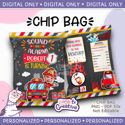 Add personalization with photo, Boys Fireman Chip Bag Printable Birthday party