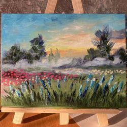 Sunset landscape oil painting, stretched canvas.