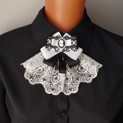 Lace neck brooch black white Bow tie brooch with cameo Victorian goth jabot