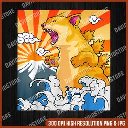 catzilla vintage kawaii cute cat art japanese sunset png, cat art png, catzilla png, png high quality, png, digital
