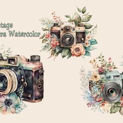 floral vintage camera watercolor, flower png, floral vintage png