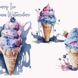 blueberry ice cream watercolor, food png, ice cream png