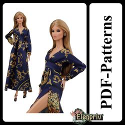 pdf pattern beautiful silk dress for 11 1/2 fr2, pivotal, repro, mtm, silkstone barbie doll