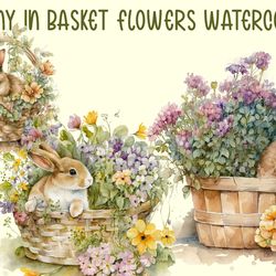 Bunny In Basket Flowers Watercolor, Easter Png, Easter Bunny Png