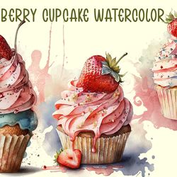 Strawberry Cupcake Watercolor PNG, Food Png, Sweet Cake Png