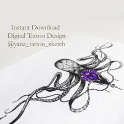 Octopus Tattoo Design Black Octopus Tattoo Sketch Octopus Tattoo Ideas Feminine, Instant download JPG, PNG
