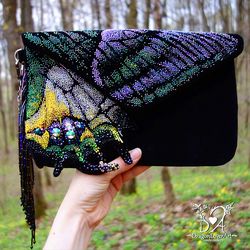 Butterfly Form Evening Clutch with Beads Embroidery - Handmade Velvet Bag