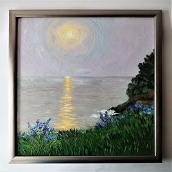 Acrylic painting landscape sunset on the lake impasto art