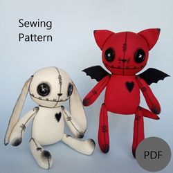 Creepy Cute Stuffed Animal Sewing Pattern PDF (in 2 sizes), Cat Bunny Bear Doll Pattern And Tutorial