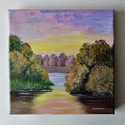Acrylic Painting of Sunset Lake: Authentic Landscape Art