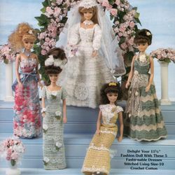 Bride & Bridesmaid Gowns Wedding for 11 1/2" Fashion Doll,  Barbie Dress Crochet Vintage pattern - Digital PDF download