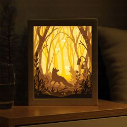 fox in the forest lightbox template, paper cut shadow box template, shadowbox card cricut, silhouette files, digital svg