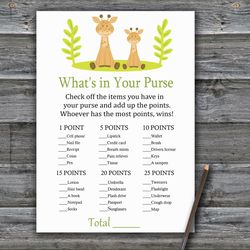 Safari What's in your purse game,Giraffe Baby shower games printable,Fun Baby Shower Activity,Instant Download-337