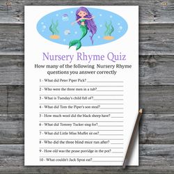 Mermaid Nursery rhyme quiz baby shower game card,Mermaid Baby shower games printable,Fun Baby Shower Activity-336