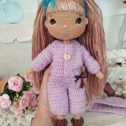 PATTERN Crochet doll toy with clothes set pdf in English, Stuffed doll for toddler baby tutorial.
