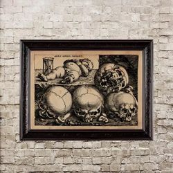 A sleeping child with an hourglass and four skulls. Dark style wall hanging. Vintage scary art print. 691.