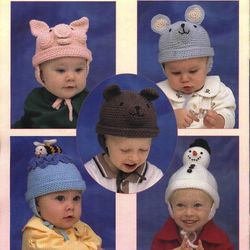 Crochet Funny Baby Hats pattern-Bear, Turtle, Ladybug, Pig, Snowman, Bumblebee, Mouse -Easy to knit-Digital PDF download