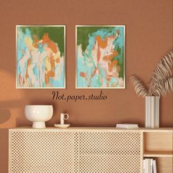 Wall art set of 2 prints digital download for dinning room abstract painting in green blue home decor gift terracotta