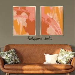Boho colors decor set of 2 prints above fireplace abstract painting in pink yellow digital download gallery wall set