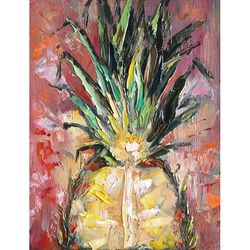 Pineapple Painting Fruit Original Art Tropical Fruits Painting Impasto Wall Art Small Artwork SviksArtPainting
