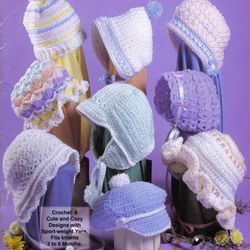 Crochet Caps, Hats and Bonnets pattern - 9 Cute Designs Fits Infants 3 to 6 Months-Vintage pattern Digital PDF download