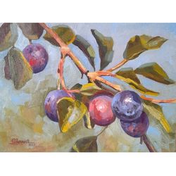 Plum Branch Painting Fruit Original Artwork Small Artwork  7x9,5" (18 x 24cm) by Svetlana