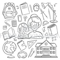 online school monochrome home education vector object set