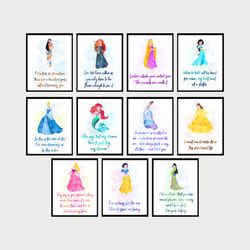Princesses quotes Disney Set Art Print Digital Files decor nursery room watercolor