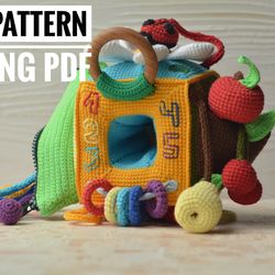 activity cube crochet pattern sensory toy amigurumi pattern didactic cube, educational montessori toy, pattern in englis
