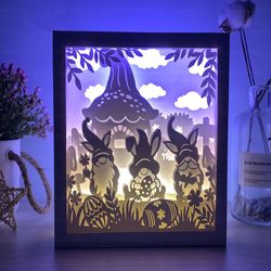 easter gnomes shadow box template, easter bunny lightbox svg, paper cut shadow box, 3d easter svg file