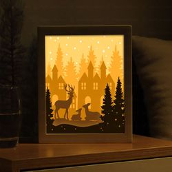 deer family shadow box template, merry christmas paper cut shadow lightbox , shadow box svg, svg file