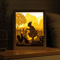 little farmer girl light box template, cute baby paper cut template, shadow box svg file