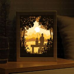 father and son fishing light box template, paper cut template, shadow box svg file
