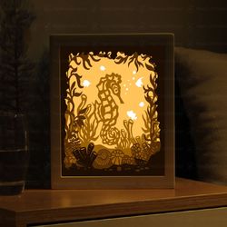 seahorse in ocean beautiful light box template, paper cut shadow box template