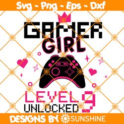 Gamer Girl Level 9 Unlocked svg, 9th Birthday Girl Gamer Svg, 9 years Old Gamer Shirt, Video Game Controller Svg