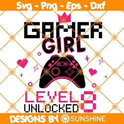 Gamer Girl Level 8 Unlocked svg, 8th Birthday Girl Gamer Svg, 8 years Old Gamer Shirt, Video Game Controller Svg