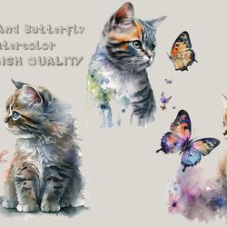 kitten and butterfly png watercolor, animal png, animal lover png