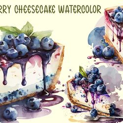 Blueberry Cheesecake Watercolor PNG, Food Png, Blueberry Cheesecake Png